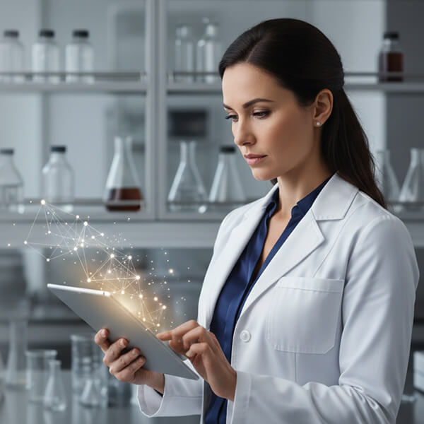 Scientist using digital tools in a modern lab to visualize data for immigration case evidence.