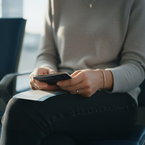 Documentos de viaje en mano como parte de la preparación para salida y trámites de inmigración.